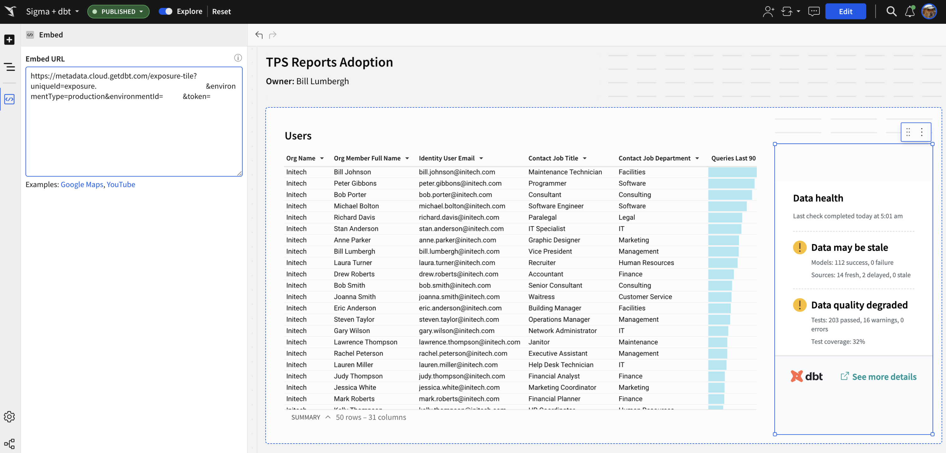 Embed data health tile in Sigma